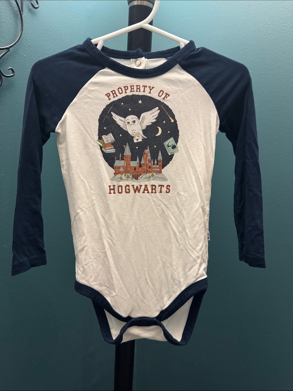 Little Sleepies- “Property of Hogwarts” Navy & White Baby One-Piece. Size 12-18.